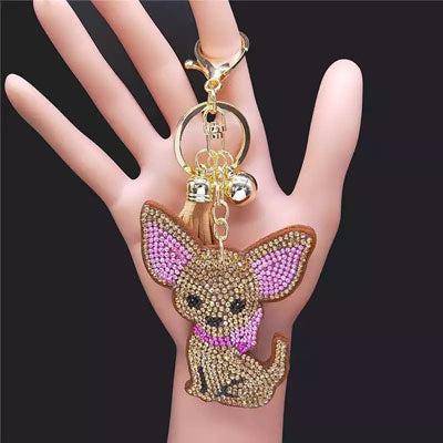 Bling Large Crystal Effect Chihuahua Key Ring Bag Charm White