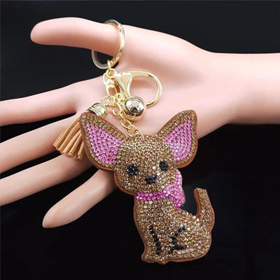 Bling Large Crystal Effect Chihuahua Key Ring Bag Charm Tan