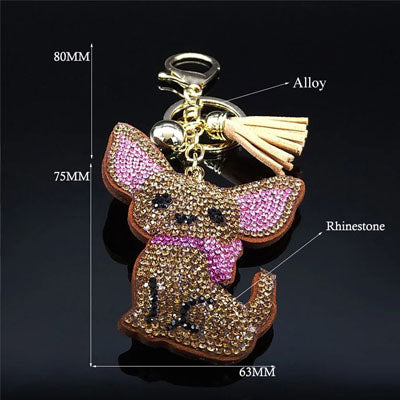 Bling Large Crystal Effect Chihuahua Key Ring Bag Charm Tan