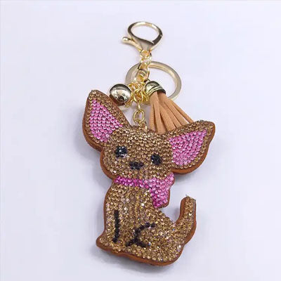 Bling Large Crystal Effect Chihuahua Key Ring Bag Charm Tan