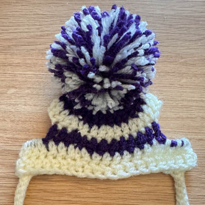Handmade Chihuahua or Small Dog Pom Pom Hat Deep Purple & Winter White