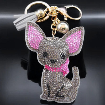 Bling Large Crystal Effect Chihuahua Key Ring Bag Charm Grey (Lilac Chihuahua)