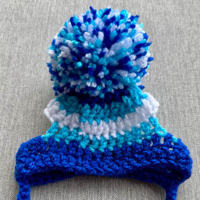 Handmade Chihuahua or Small Dog Pom Pom Hat Navy, Turquoise & White