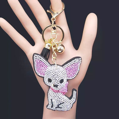 Bling Large Crystal Effect Chihuahua Key Ring Bag Charm White