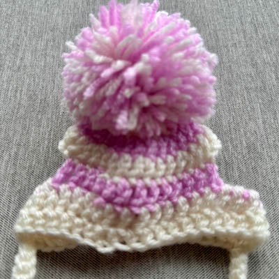 Handmade Chihuahua or Small Dog Pom Pom Hat Winter White & Lilac