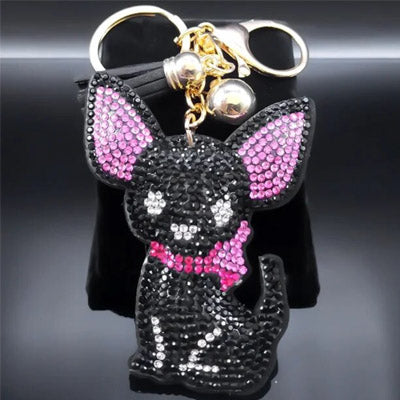 Bling Large Crystal Effect Chihuahua Key Ring Bag Charm Black