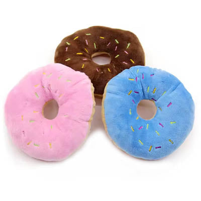 Blue Pink and Chocolate Frosted Donut Small Dog Plush Squeaky Toy