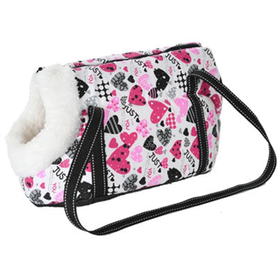 Pet Carrier Padded Faux Sheepskin Lined Travel Shoulder Bag Hearts Design Dog Bag