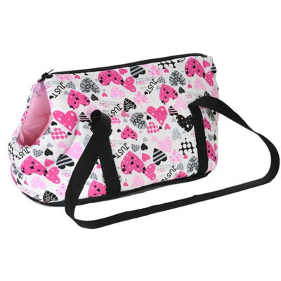 Padded Travel Shoulder Bag White and Pink Hearts Dog Carrier