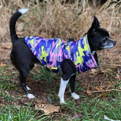 Premium Lime, Navy and Pink Camouflage Water Resistant Padded Gilet Style Dog Coat