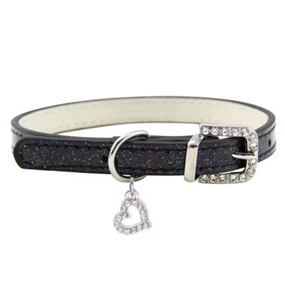 PU Leather Diamante Heart Sparkly Dog Collar Black 2 Sizes