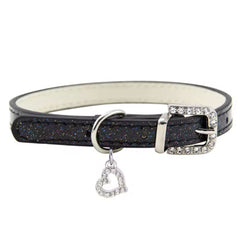 PU Leather Diamante Heart Sparkly Dog Collar Black 2 Sizes