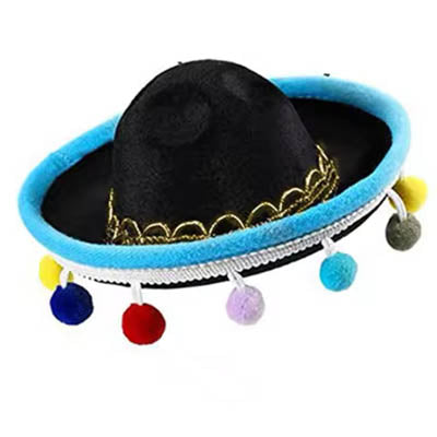 Chihuahua or Small Dog Black Mexican Bobble Sombrero Hat with Blue Braid