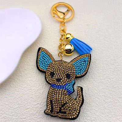 Bling Large Crystal Effect Chihuahua Key Ring Bag Charm Tan with Blue Bow