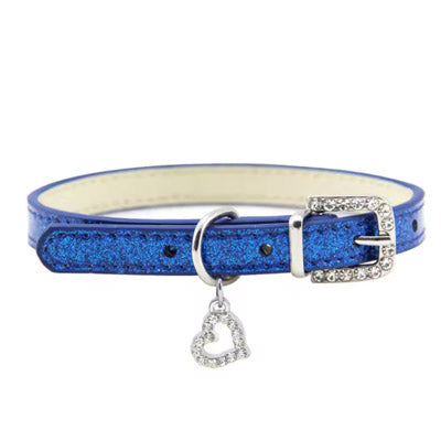 PU Leather Diamante Heart Sparkly Dog Collar Blue 2 Sizes