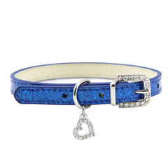 PU Leather Diamante Heart Sparkly Dog Collar Blue 2 Sizes