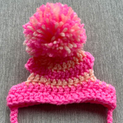 Handmade Chihuahua or Small Dog Pom Pom Hat Bright Pink & Soft Orange