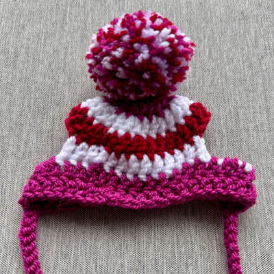 Handmade Chihuahua or Small Dog Pom Pom Hat Burgundy Claret & White