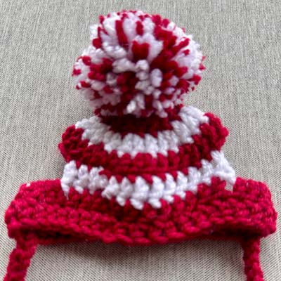 Handmade Chihuahua or Small Dog Pom Pom Hat Burgundy & White