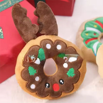 Reindeer Design Chocolate Frosted Donut Small Dog Plush Squeaky Toy