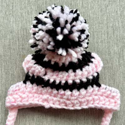 Handmade Chihuahua or Small Dog Pom Pom Hat Medium Baby Pink & Black