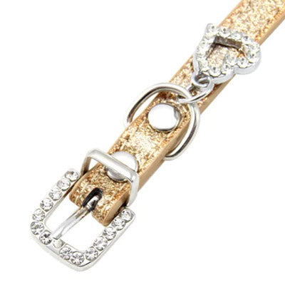 PU Leather Diamante Heart Sparkly Dog Collar Gold XS