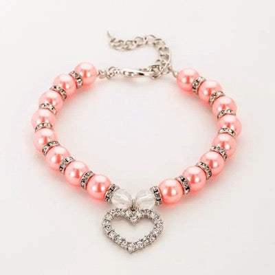 Dorothy Small Dog Bling Necklace Coral Pink Faux Pearl Heart Collar