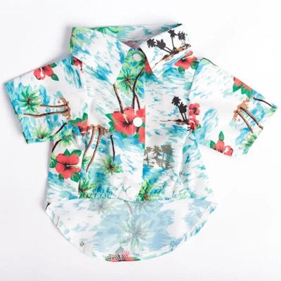 Aqua and Pink Palm Hibiscus Print Quickdry Hawaiian Shirt for Small Dogs