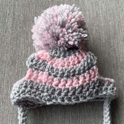 Handmade Chihuahua or Small Dog Pom Pom Hat Light Grey & Baby Pink