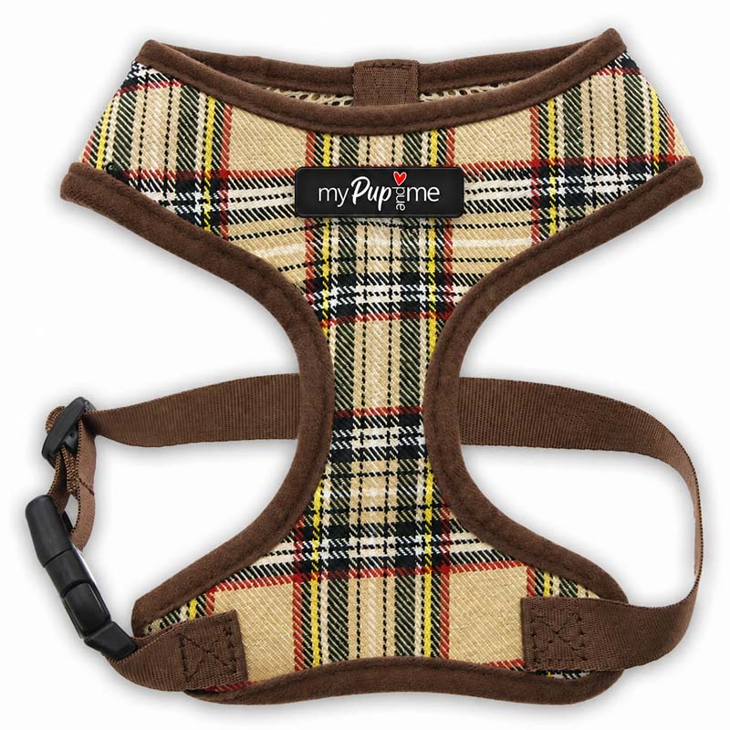 Tartan dog harness with brown trim on a white background, featuring the 'myPupandme' brand.