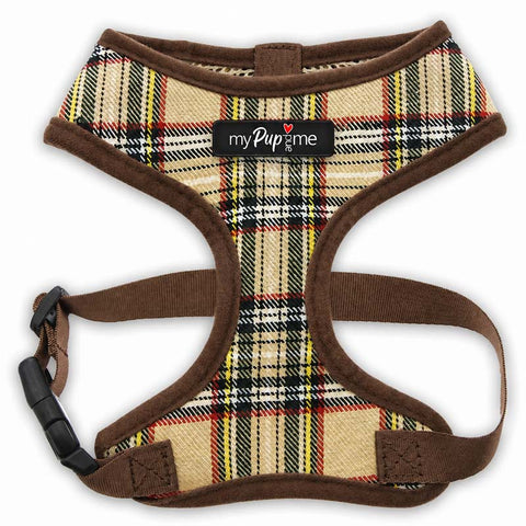 Tartan dog harness with brown trim on a white background, featuring the 'myPupandme' brand.
