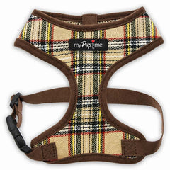 Tartan dog harness with brown trim on a white background, featuring the 'myPupandme' brand.