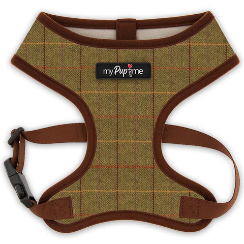 Dog harness with tweed pattern and brown accents on a white background