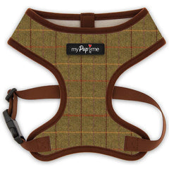 Dog harness with tweed pattern and brown accents on a white background