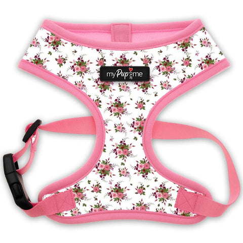 Floral-patterned dog harness with pink straps on a white background, featuring the brand 'myPupandme'.