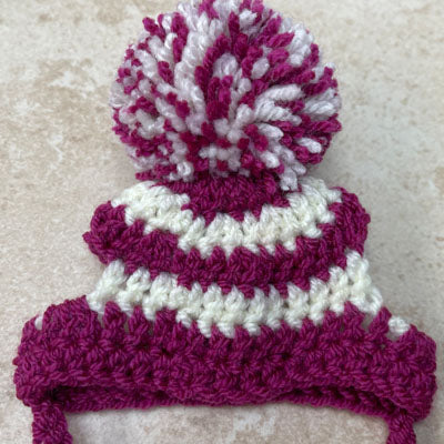 Handmade Chihuahua or Small Dog Pom Pom Hat Aubergine & Cream