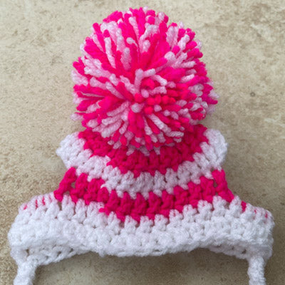 Handmade Chihuahua or Small Dog Pom Pom Hat White & Hot Pink