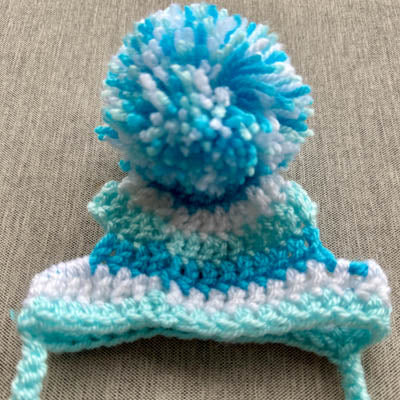 Handmade Chihuahua or Small Dog Pom Pom Hat Pale Aqua, Turquoise and White