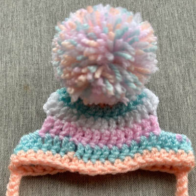 Handmade Chihuahua or Small Dog Pom Pom Hat Peach Pink Pale Aqua & White