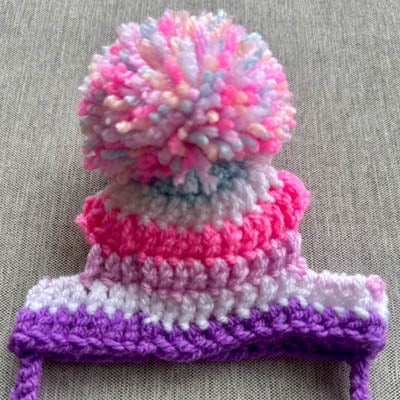 Handmade Chihuahua or Small Dog Pom Pom Hat Purple Soft Lilac Bright Pink & White