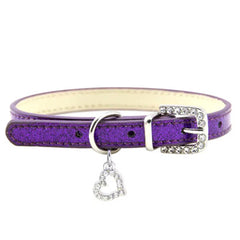 PU Leather Diamante Heart Dog Collar Hot Purple XS