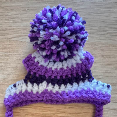 Handmade Chihuahua or Small Dog Pom Pom Hat Purple & White