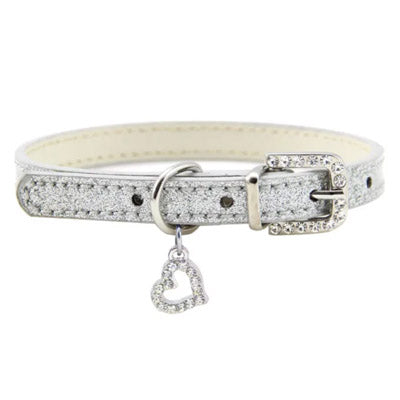 PU Leather Diamante Heart Sparkly Dog Collar Silver XS