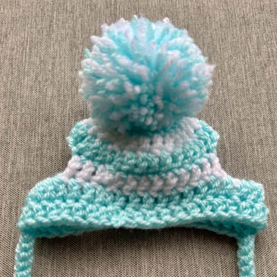 Handmade Chihuahua or Small Dog Pom Pom Hat Soft Aqua & White