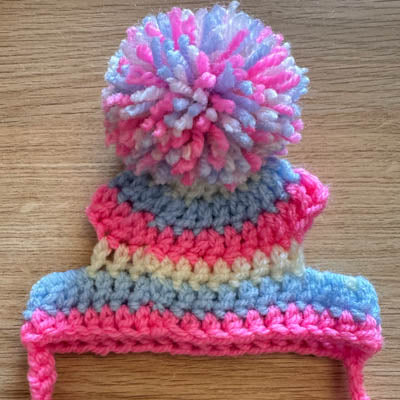 Handmade Chihuahua or Small Dog Pom Pom Hat Purple Soft Blue Bright Pink & Soft White