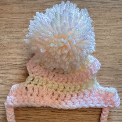 Handmade Chihuahua or Small Dog Pom Pom Hat Soft Peach & Winter White