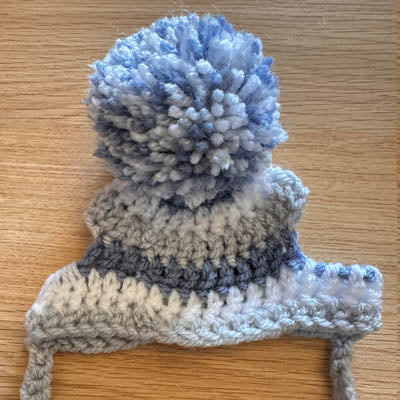 Handmade Chihuahua or Small Dog Pom Pom Hat Steel Grey Light Grey & White Stripes
