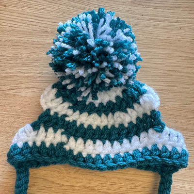 Handmade Small Breed Dog Pom Pom Hat Teal & White Large