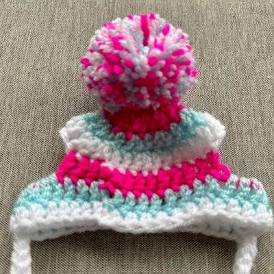 Handmade Chihuahua or Small Dog Pom Pom Hat White Pale Aqua & Hot Pink