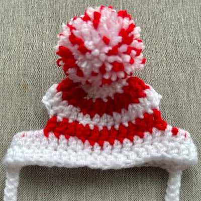 Handmade Chihuahua or Small Dog Pom Pom Hat White & Red